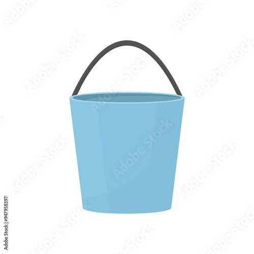 Simple bucket in cartoon style on a white background. Plastic, iron bucket in blue. Empty bucket
