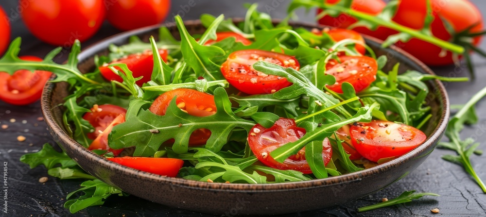 Closeup fresh summer salad with ripe red cherry tomatoes and peppery arugula on dark background Closeup fresh summer salad with ripe red cherry tomatoes and peppery arugula on dark background