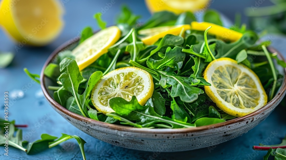 Fresh Arugula Salad Healthy Green Leaves with Slices of Lemon, Close-Up View for a Refreshing Dish. Fresh Arugula Salad Healthy Green Leaves with Slices of Lemon, Close-Up View for a Refreshing Dish.