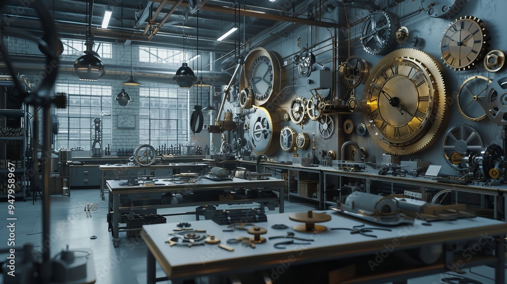 Precision in Motion Clockmaking Factory with Intricate Gears and Hands Precision in Motion Clockmaking Factory with Intricate Gears and Hands