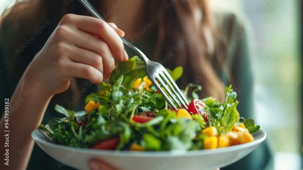 Woman's Hand Holding a Fork Over a Fresh Salad