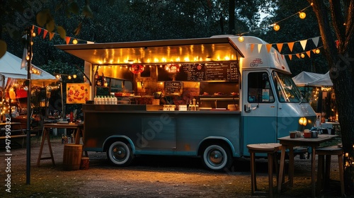 A food truck parked at a festival site, with decorative lights and banners but no people around.