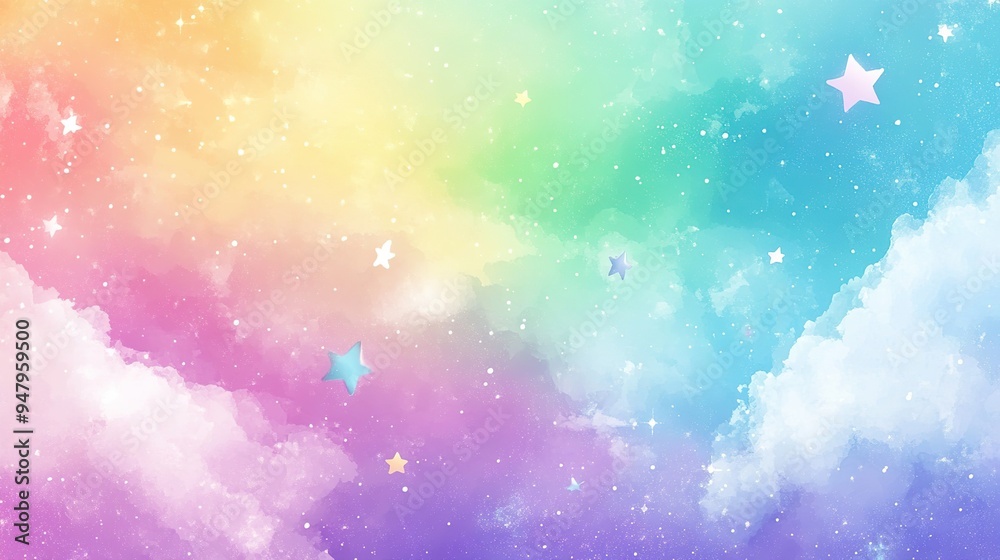 watercolor pastel rainbow sky with stars and clouds, glittery background watercolor pastel rainbow sky with stars and clouds, glittery background