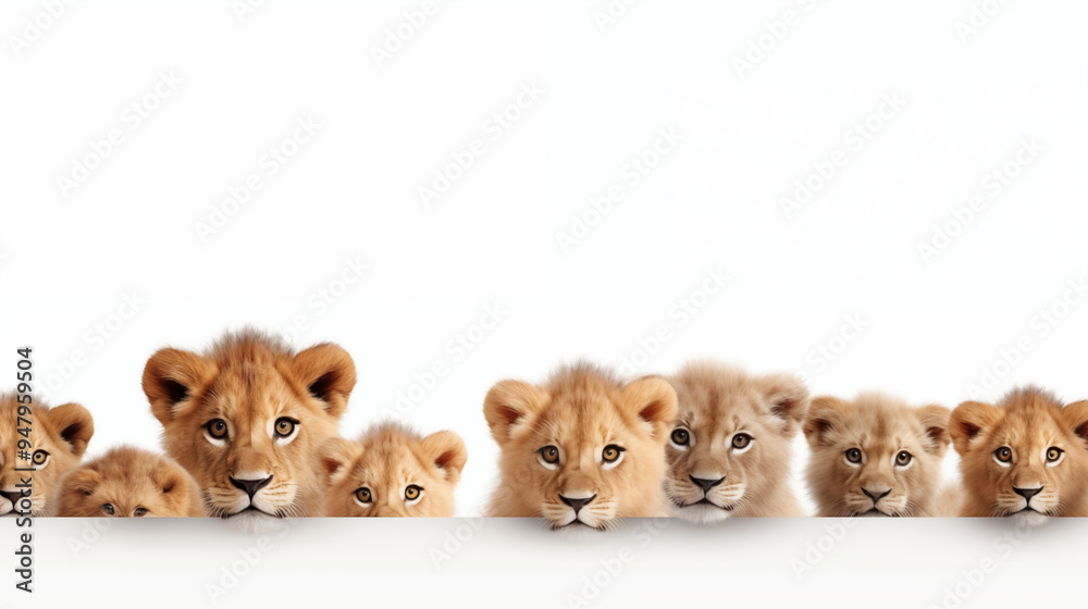 Cute Lion Cubs Peeking Over White Background
