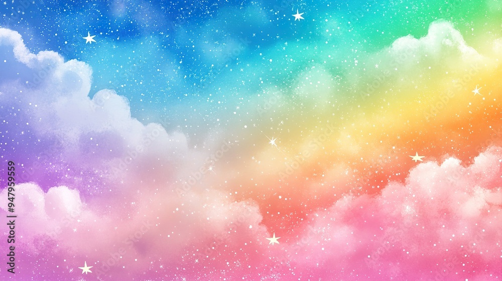 watercolor pastel rainbow sky with stars and clouds, glittery background watercolor pastel rainbow sky with stars and clouds, glittery background