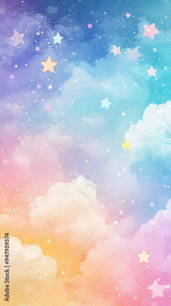 watercolor pastel rainbow sky with stars and clouds, glittery background watercolor pastel rainbow sky with stars and clouds, glittery background