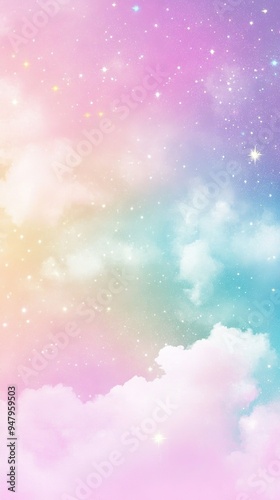 watercolor pastel rainbow sky with stars and clouds  glittery background
