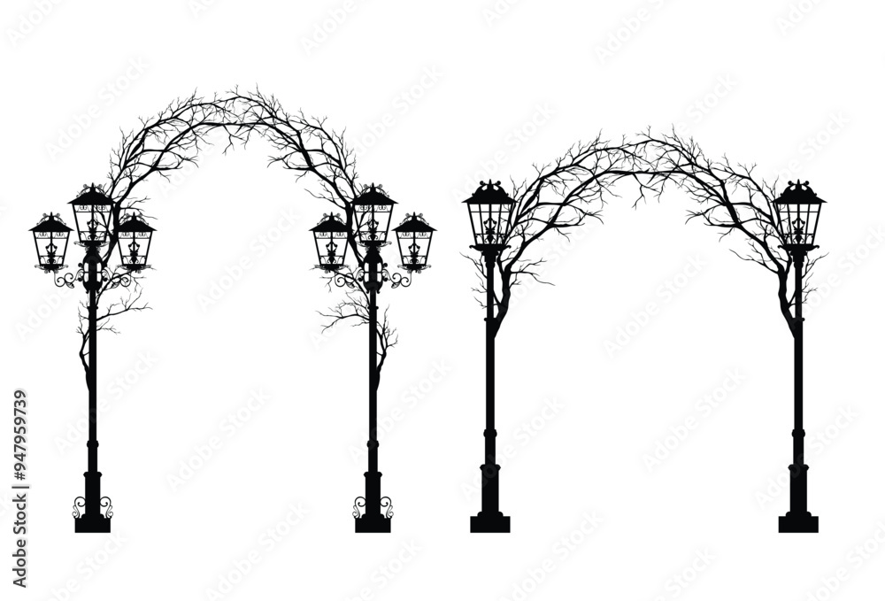 antique style street lights with bare tree branches forming arch entrance - spooky halloween passage vector silhouette design set