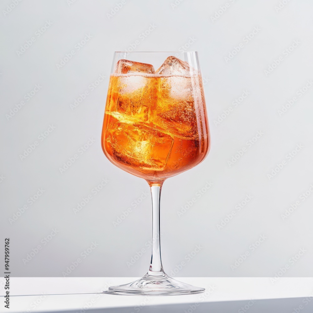 A glass of sparkling orange beverage with ice cubes A glass of sparkling orange beverage with ice cubes
