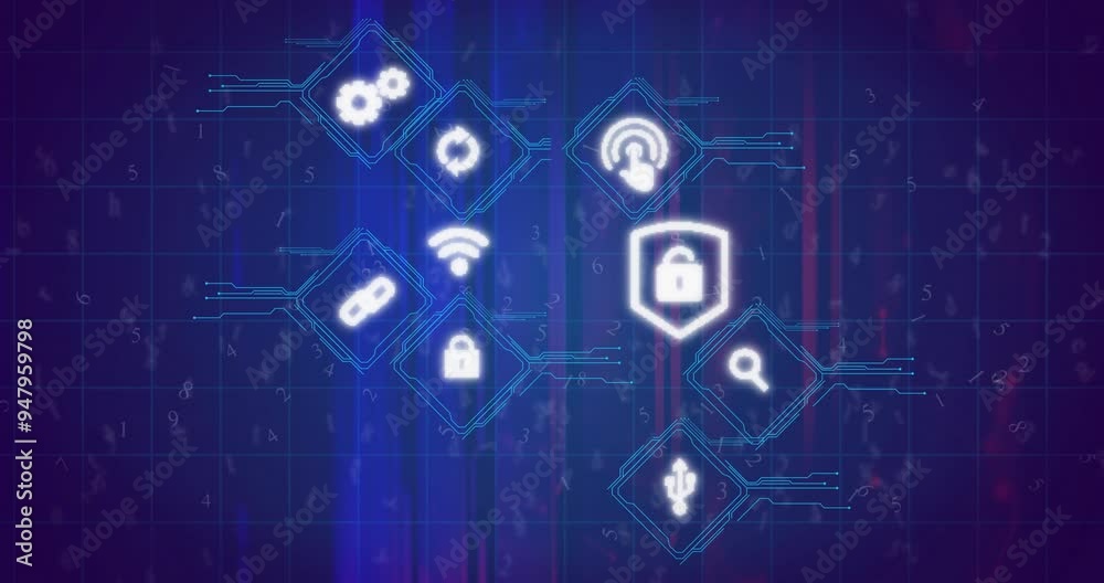 Cybersecurity icons animation over digital network background Cybersecurity icons animation over digital network background