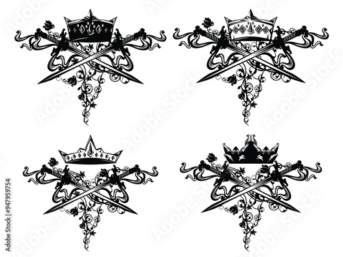 two crossed swords and royal crown among rose flower decor - black and white vector set of fantasy heraldic weapon emblem