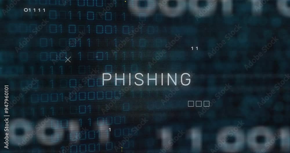 Phishing text animation over binary code and digital data background