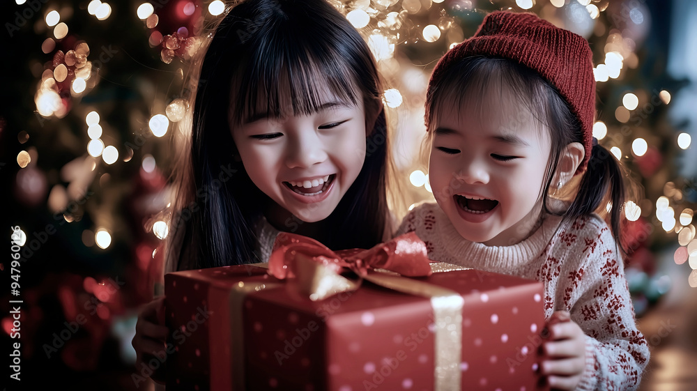 Two little sisters opening christmas present by illuminated tree Two little sisters opening christmas present by illuminated tree