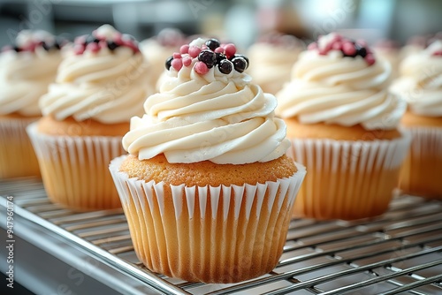 A row of cupcakes with frosting and sprinkles on top