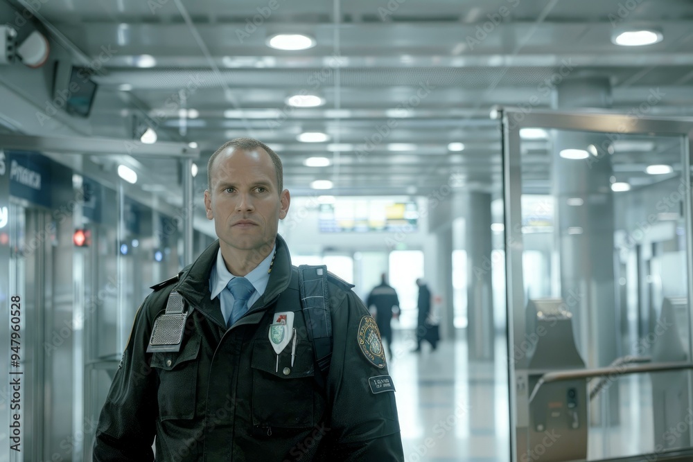 Security guard is walking through a modern airport terminal Security guard is walking through a modern airport terminal