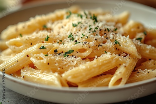 A plate of pasta with cheese and parsley on top photo