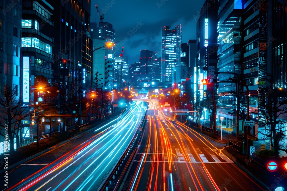 Obraz premium Vibrant Nightscape of a City with Dynamic Light Trails