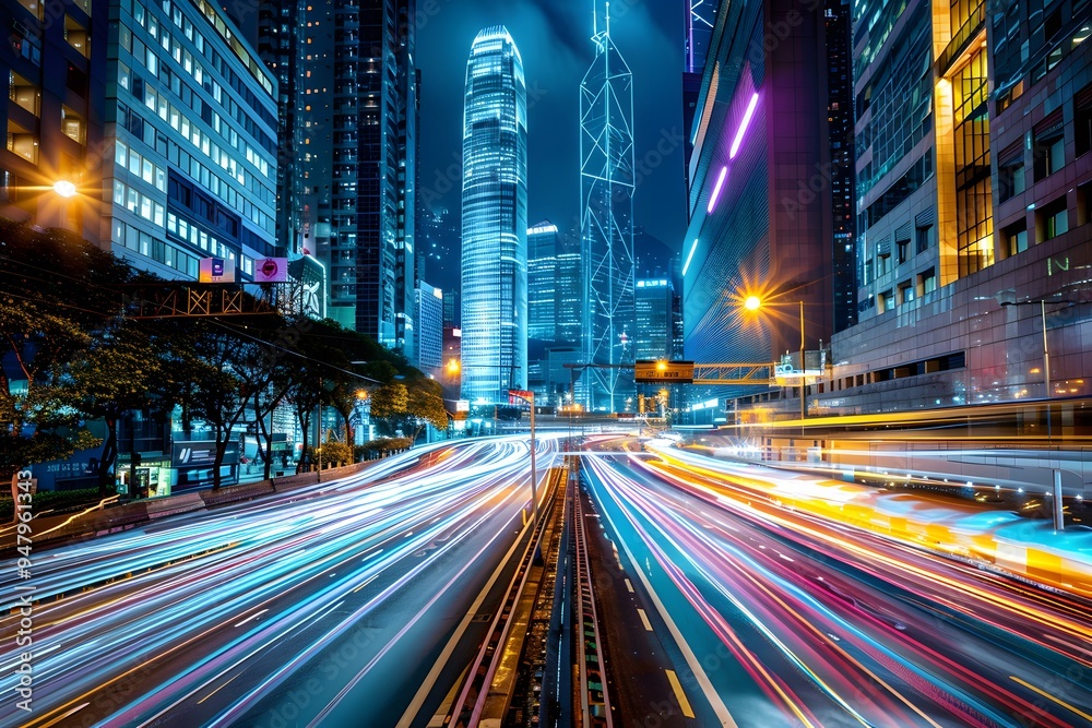 Naklejka premium Vibrant Nightscape of a Bustling City with Light Trails