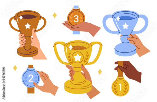 Characters hands holding gold, silver and bronze award winning cup and prize medals. Trophies for winners set. Championship and success concept. Vector illustration.

