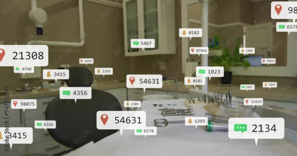 Location and notification icons animation over dental office tools and equipment Location and notification icons animation over dental office tools and equipment