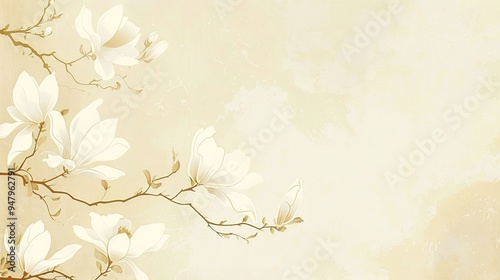 Elegant Chinese Painting Style Wallpaper: Light Beige and Gold with White Magnolia Flowers for a Simple, High-Definition Touch of Sophistication
