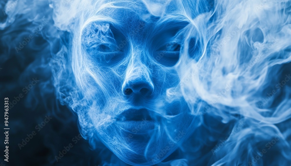 Fototapeta premium Eerie Blue Spectral Face with Glowing Eyes in a Misty Dark Background
