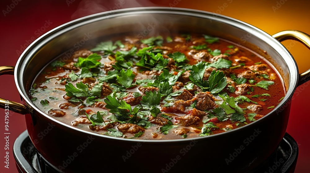 Beef hotpot with fresh herbs, rich broth steaming, inviting composition, high sharpness, ample negative space, gradient background in deep red and ochre yellow Beef hotpot with fresh herbs, rich broth steaming, inviting composition, high sharpness, ample negative space, gradient background in deep red and ochre yellow
