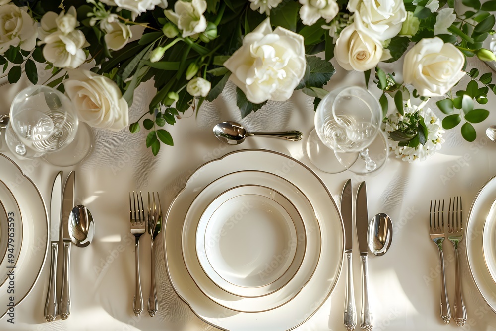 Elegant Table Setting with White Roses and Fine Dinnerware Elegant Table Setting with White Roses and Fine Dinnerware