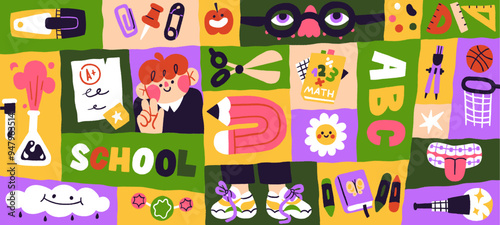 Banner with doodle elements of art, subjects: pencil, test mark, abc. Colored background with stationeries, supplies for learning, education. Back to school concept. Flat vector illustration