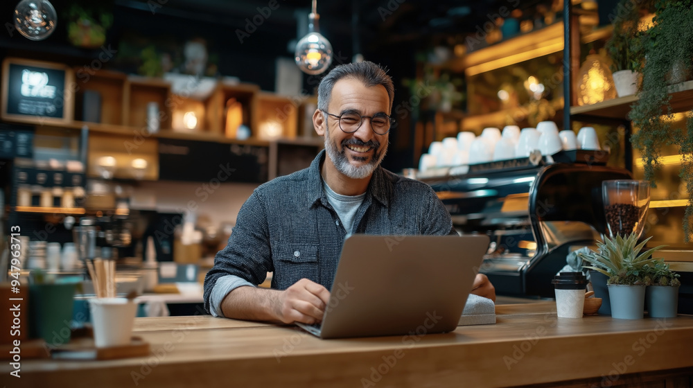 Middle-aged man with glasses working on a laptop in a cozy coffee shop with modern decor and warm lighting. Middle-aged man with glasses working on a laptop in a cozy coffee shop with modern decor and warm lighting.