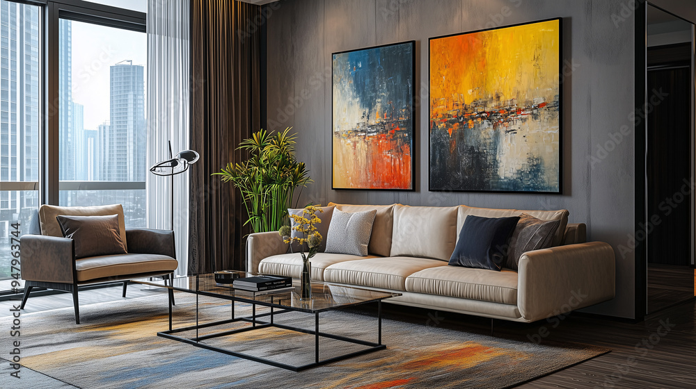 Fototapeta premium Contemporary living room in an urban apartment, decorated with modern art on the walls, a plush sofa, and a glass coffee table, emphasizing style and sophistication