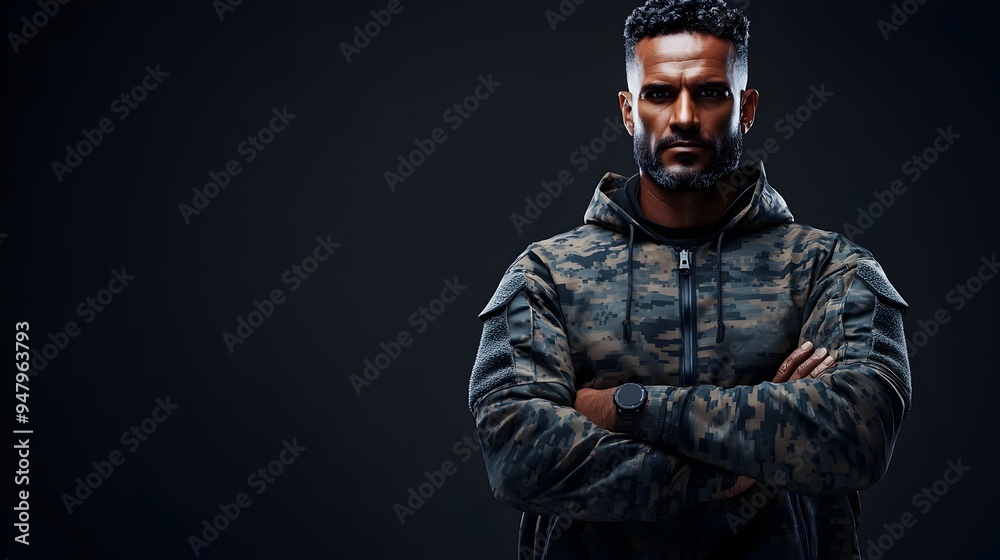 Obraz premium Camouflaged Soldier Stands Tough with Arms Crossed in 3D Render