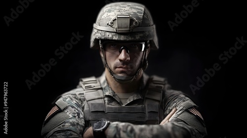 Stern Military Man with Crossed Arms Exuding Authority and Discipline