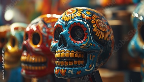 Traditional Mexican Sugar Skull Decorated with Colorful Flowers in Day of the Dead Celebration