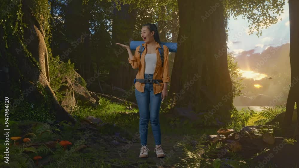 Full Body Of Asian Female Hiker With Mountaineering Backpack Smiling And Pointing To Side While Exploring Forest Nature Full Body Of Asian Female Hiker With Mountaineering Backpack Smiling And Pointing To Side While Exploring Forest Nature