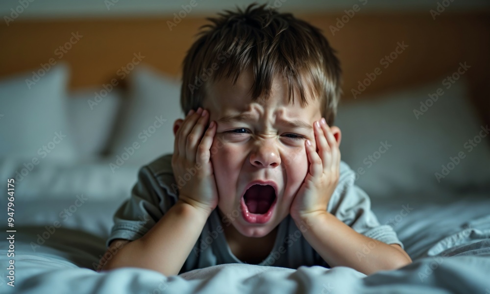 A young boy is laying on a bed, loudly screaming with his mouth wide open