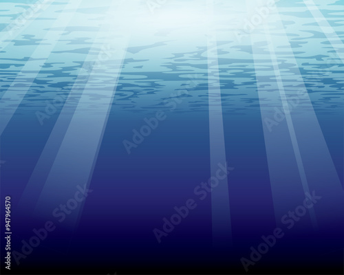 Underwater scene with sunlight beams filtering through, creating a tranquil gradient from deep to light blue. Ripples on the surface add a sense of serene ocean beauty.