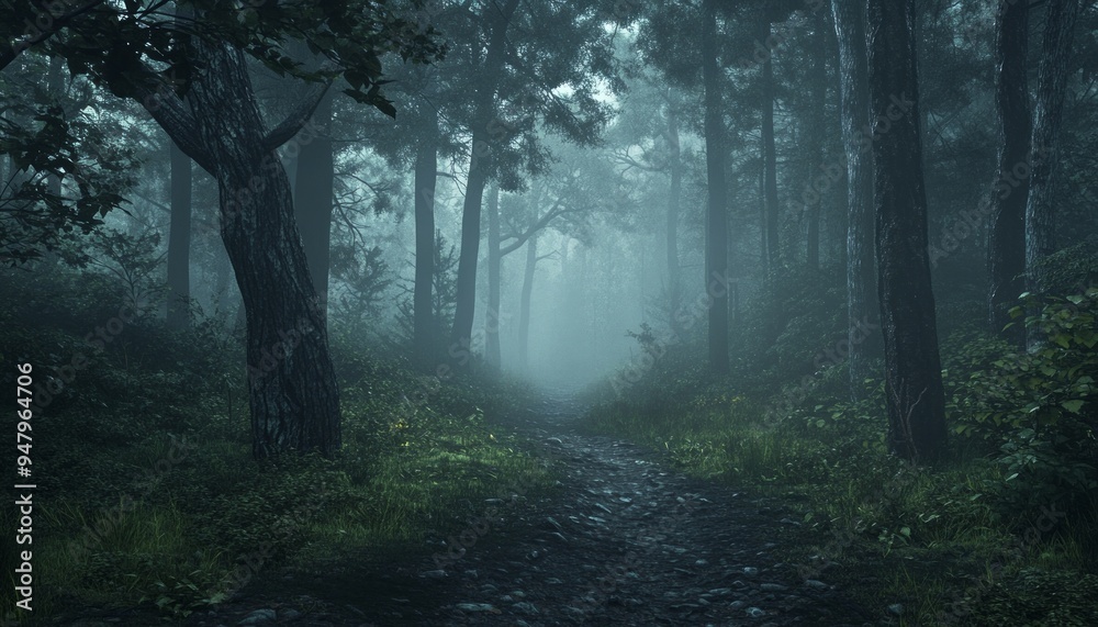 Obraz premium Spooky Forest Filled with Dense Fog and Silhouetted Trees in Eerie Twilight