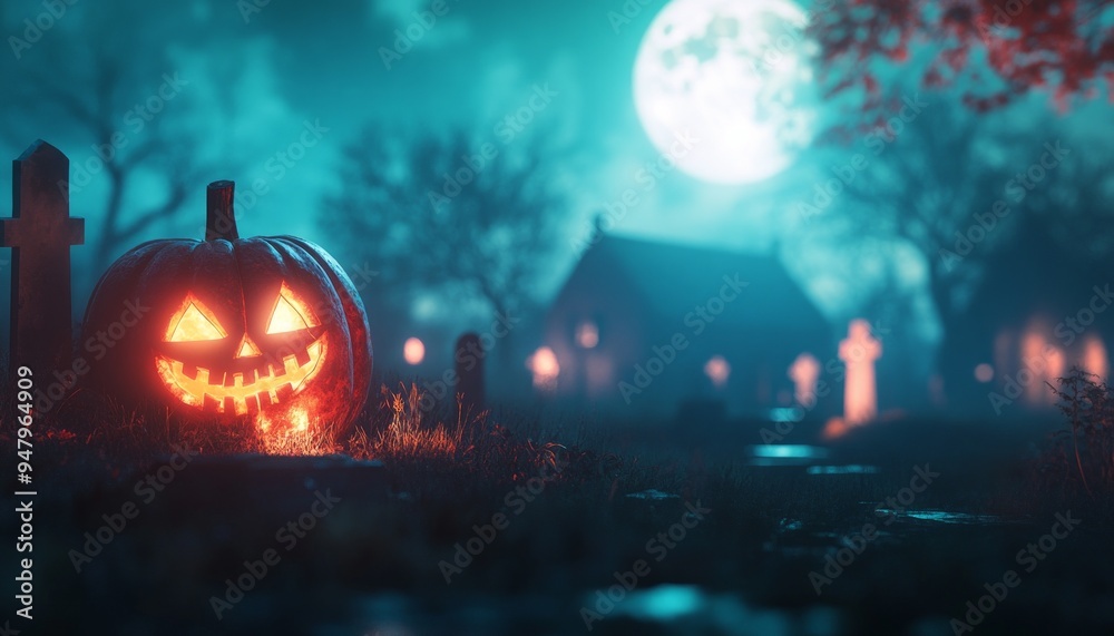 Halloween Jack-O-Lantern in Cemetery Under Full Moon with Fog and Tombstones Halloween Jack-O-Lantern in Cemetery Under Full Moon with Fog and Tombstones