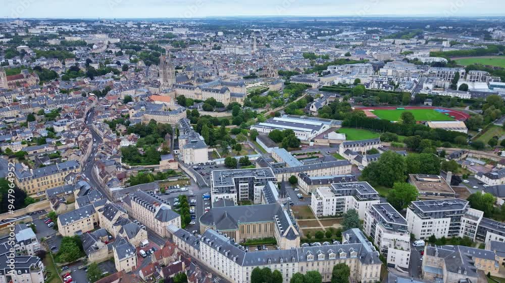 High altitude receding aerial movement from the abbey of men or L'Abbaye-aux-Hommes, town hall and the prairie racecourse, Caen, France. High altitude receding aerial movement from the abbey of men or L'Abbaye-aux-Hommes, town hall and the prairie racecourse, Caen, France.