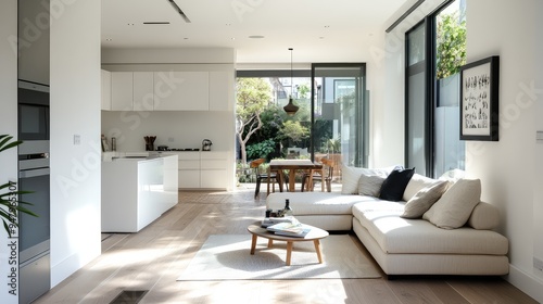 A small, narrow living room with minimalist furniture, white walls, and large windows allowing natural light to flood the space.