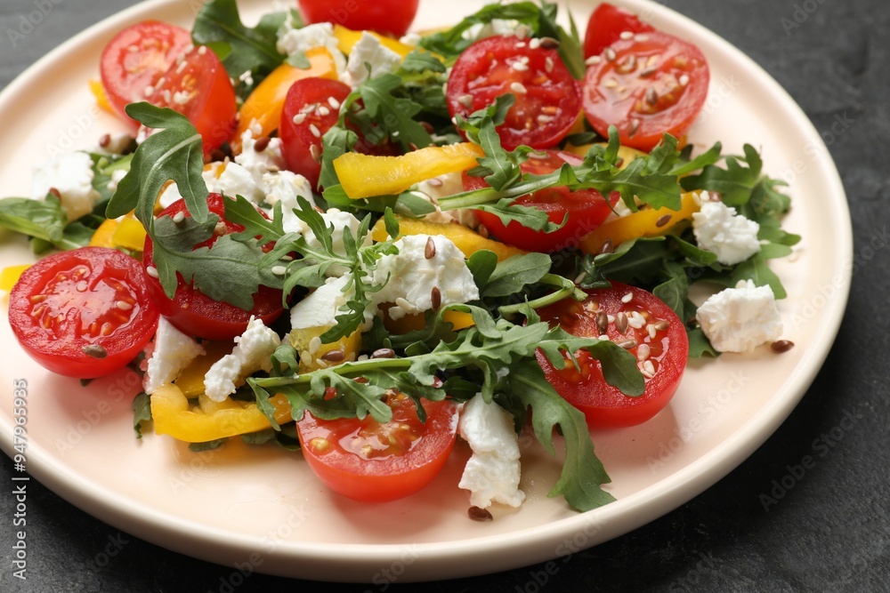 Tasty salad with arugula, cheese and vegetables on dark textured table, closeup Tasty salad with arugula, cheese and vegetables on dark textured table, closeup