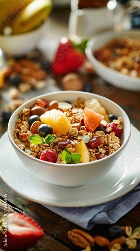 a bowl of high-fiber cereal with fruits and nuts, emphasizing a healthy breakfast option.