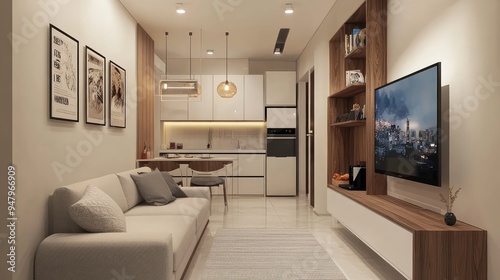 A small living area designed in a minimalist style, with a narrow layout, a wall-mounted TV, and minimalist artwork.