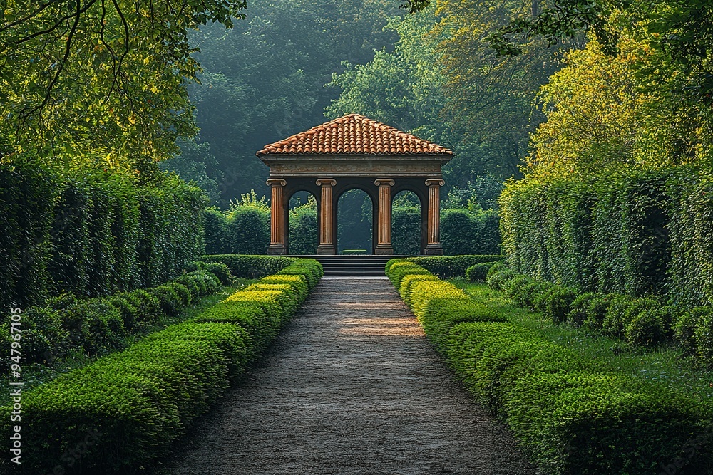 Obraz premium A path leads to a gazebo in a lush green garden