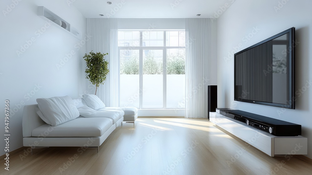 Fototapeta premium A narrow living room with minimalist, a sleek entertainment system, and a large window that floods the space with light.