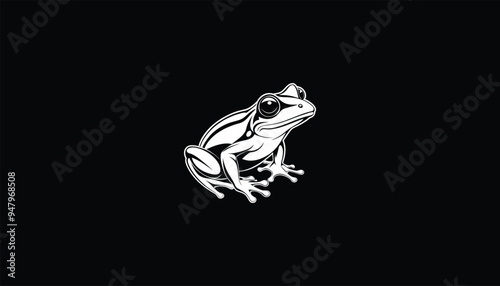 Gray Tree Frog Logo, Minimalist Vector Design, Gray-Green Skin, Textured Pattern, Large Eyes, White Outline, Black Background photo