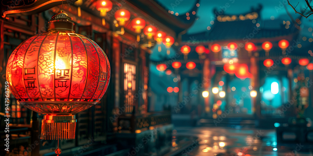 Evening at a Chinese Temple Adorned with Red Lanterns