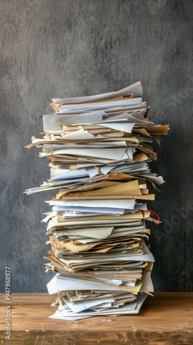 a stack of documents or papers cascading off a desk, illustrating disorganization or unexpected events. photo