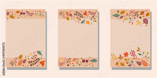 Set of autumn decoration template. Autumnal template decoration with colorful fallen leaves. Autumn seasonal leaflet. Vector illustration.